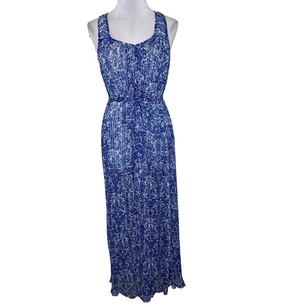 Others Follow Maxi Dress XS Pleated Plisse Chiffon Self Tie Belted Sheer Blue